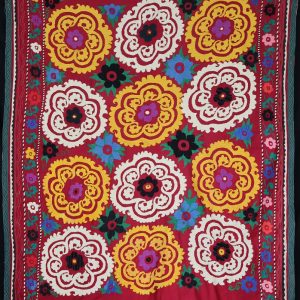 large colourful flowers on a red cotton field.