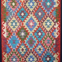Colourful geometric design woollen flatweave rug