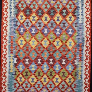 Colourful geometric design woollen flatweave rug