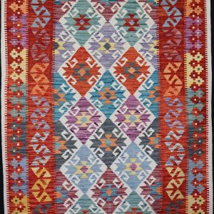 Colourful geometric design woollen flatweave rug