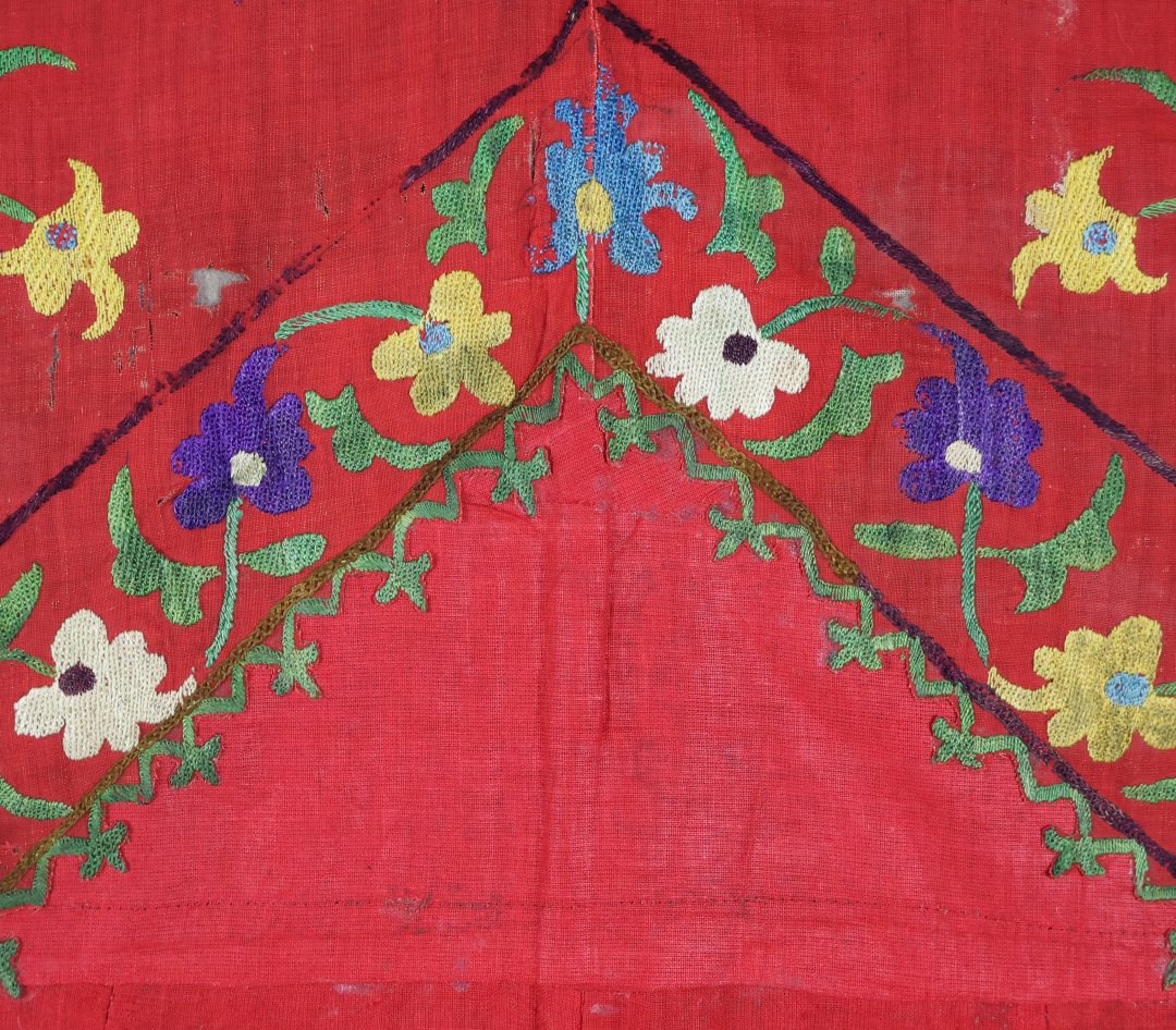 Vibrant embroidered textile with floral patterns.